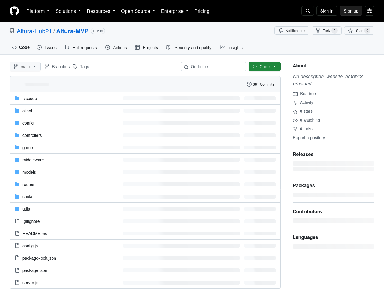 Page GitHub du dépôt Altura-Hub21/Altura-MVP : 381 commits, dossier .vscode en tête de liste, aucune étoile, aucune description